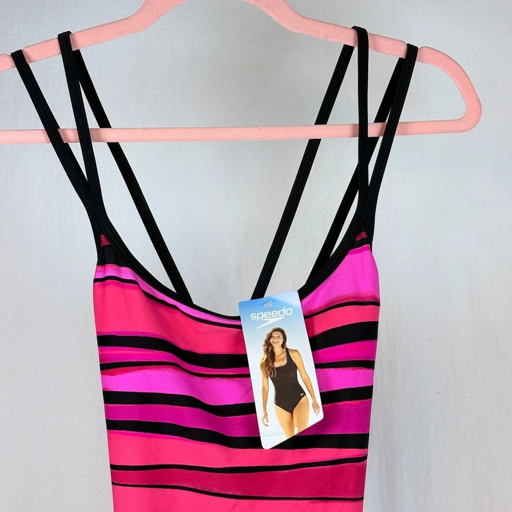 Speedo Women One Piece Swimsuit Hot Pink Magenta Striped Double Strap  Sz 8 $88